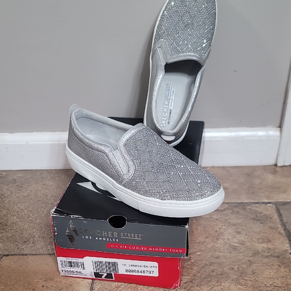 Skechers Glittery Silver Slip-On Shoes